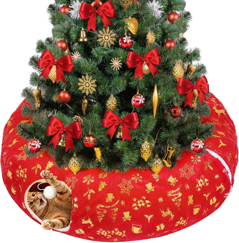 Beeplove Cat Tunnel Christmas Tree Skirt - Red & Golden Cat Donut Bed, Christmas Tree Protector from Cats, Xmas Cat Gifts Accessories - Image 1